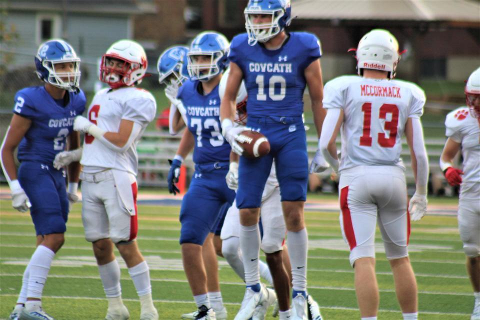 Covington Catholic junior Willie Rodriguez (10) reacts after making a catch as Covington Catholic defeated Beechwood 31-14 Sept. 16, 2022.