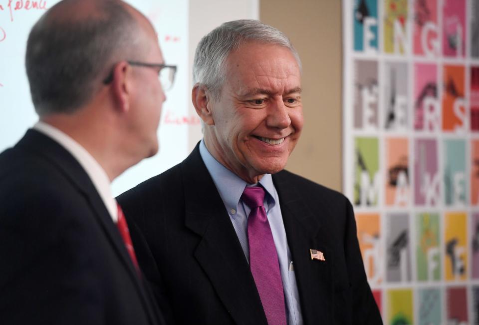 U.S. Rep. Ken Buck, who represents Colorado's 4th District, participates in a tour of Liberty Common High School in Fort Collins on Jan. 30, 2020.