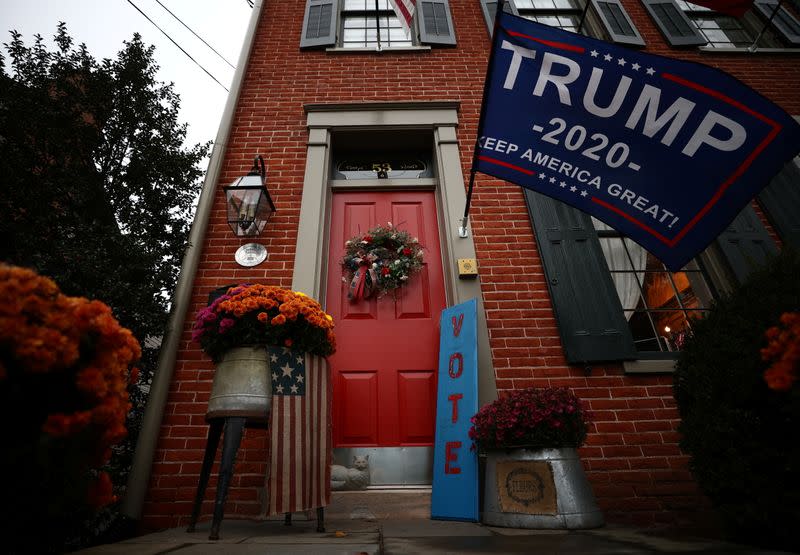 A flag supporting U.S President Donald Trump hangs outside a house in Lancaster, Pennsylvania