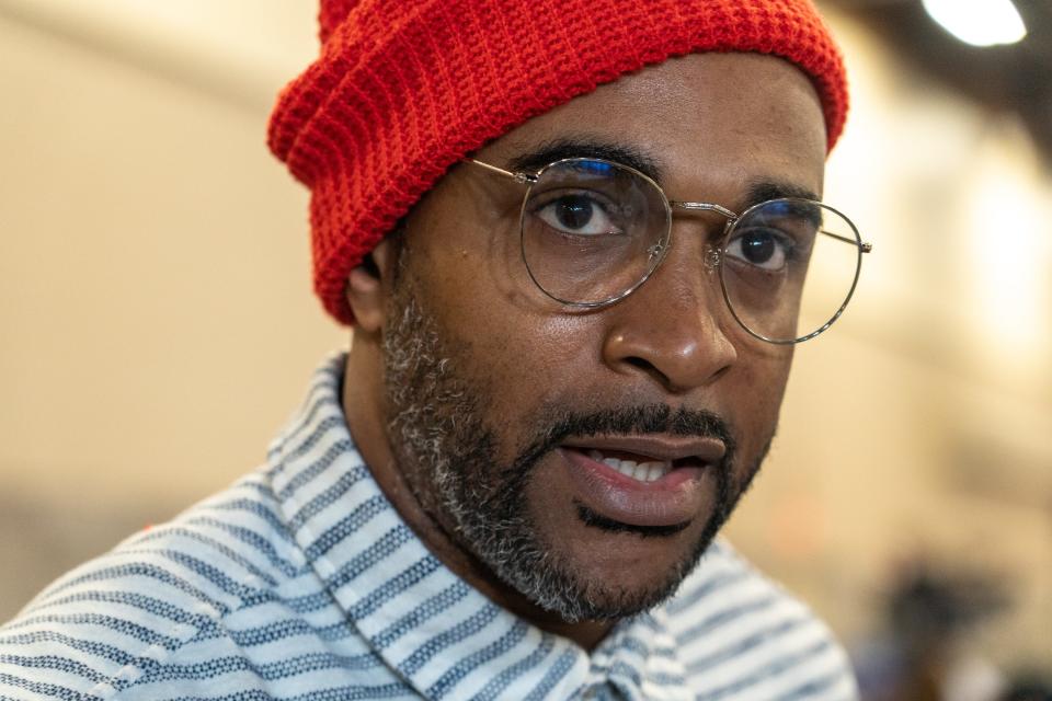 Former NFL player David Tyree appears at the Super Bowl 57 Experience's Radio Row at the Phoenix Convention Center in Phoenix on Feb. 9, 2023.