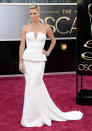 <p>Charlize Theron walked the red carpet at the 2013 Academy Awards in a white Christian Dior gown. The structured peplum-style bodice combined with a flowing train makes this one for the history books. <i>(Photo by Jason Merritt/Getty Images)</i></p>