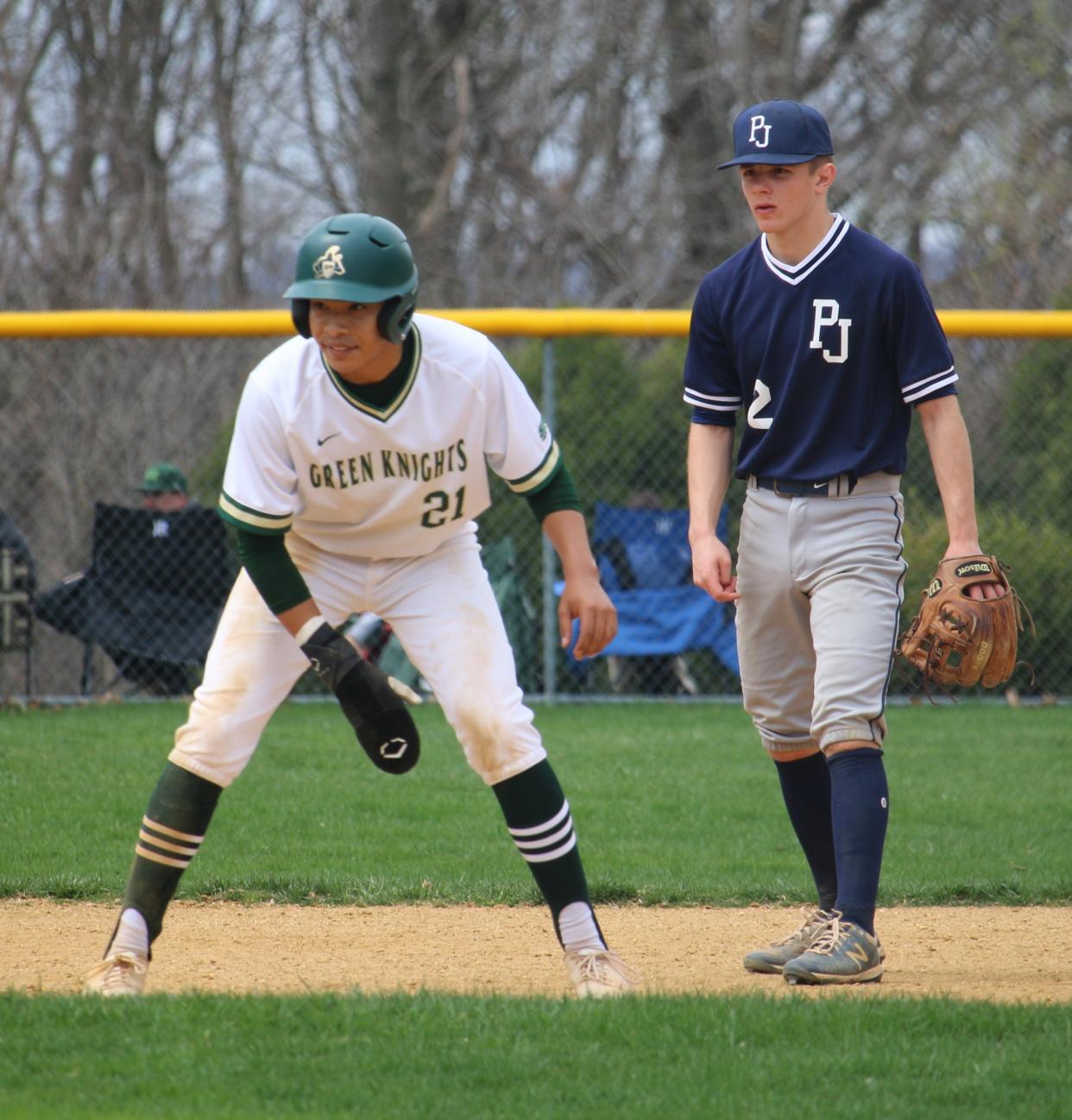 St. Joseph's Julian Rondon leads off second base as Pope John shortstop Mac Tufts stays close. St. Joseph defeated Pope John 13-8 on Saturday April 16, 2022 in Montvale.