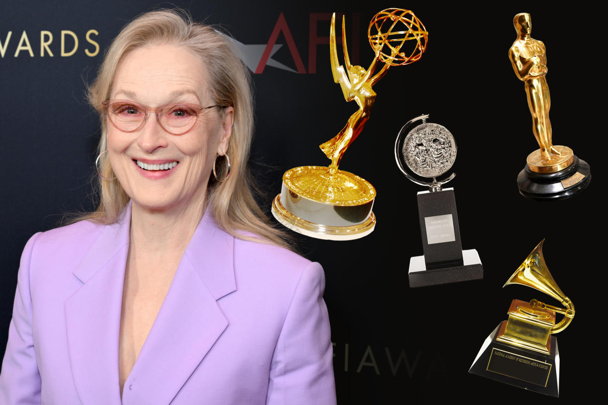 Meryl Streep is edging closer to becoming an EGOT after being nominated for a Grammy Award. (Photo illustration: Yahoo News; Michael Kovac/Getty Images for AFI, van Agostini/Getty Images, Michael Tullberg/Getty Images, Amanda Edwards/Getty Images, Tony Awards) 
