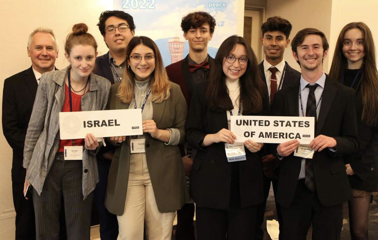 Members of the New Mexico State University Model UN Team at the international conference in Japan. Back row from left: Neil Harvey, government professor and department head, James Madrid, Cole Vetter, Angel Amabisco and Shannon Downey. Front row from left: Autumn McNab, Jasmine Recinos, Citlalli Benitez and Liam Mitchell.