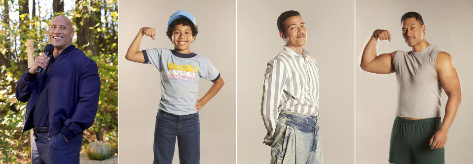 This combination of photos released by NBC shows, from left, Dwayne Johnson, left, and the actors who portray him in the comedy series "Little Rock," Adrian Groulx as Dwayne at 10, Bradley Constant as Dwayne at 15 and Uli Latukefu as Dwayne at 20. The series premieres on Feb. 16. (NBC via AP)