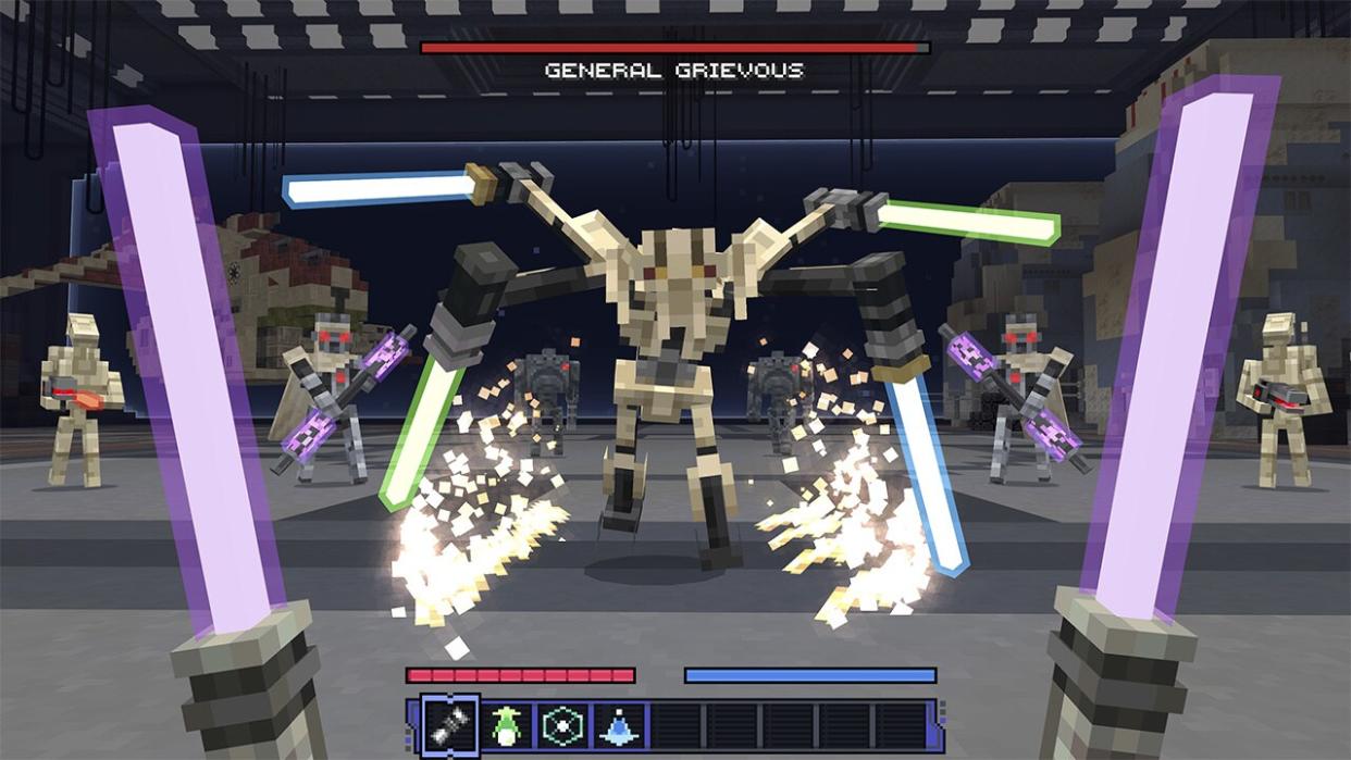  Still from a video game showing five tan, weapon-wielding robots. 