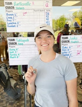 Bartlesville High's Lisa Brown powered to second-place all-around (78) during the Class 6A regional on April 26 at the Ponca City Country Club.