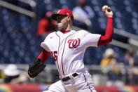 Washington Nationals starting pitcher Patrick Corbin throws during the first inning of a baseball game against the Philadelphia Phillies at Nationals Park, Thursday, May 13, 2021, in Washington. (AP Photo/Alex Brandon)