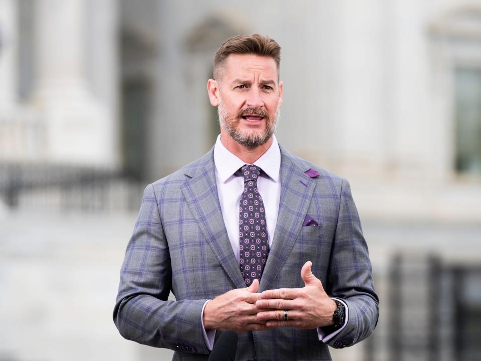 Steube speaks to TV cameras outside the Capitol on April 23, 2020.