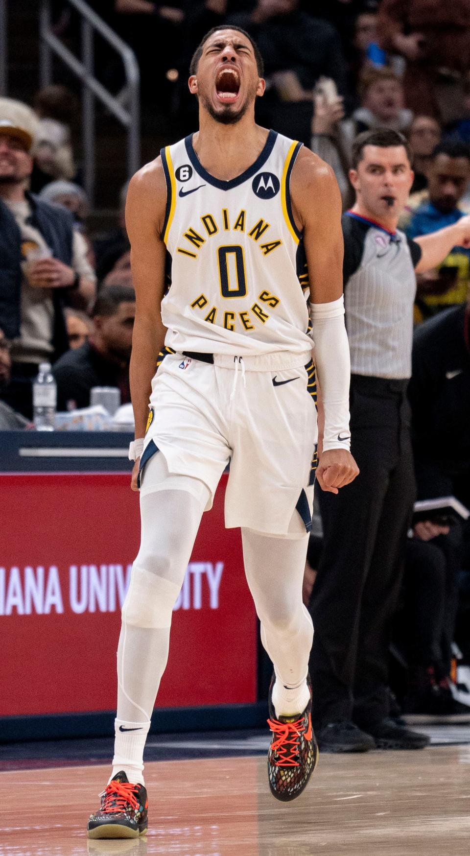 Indiana Pacers guard Tyrese Haliburton (0) celebrates a three pointer Thursday, Dec. 29, 2022, at Gainbridge Fieldhouse in Indianapolis. 