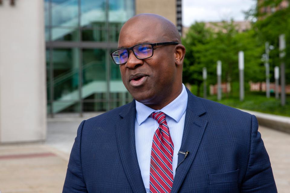 Rep. Jamaal Bowman, D-N.Y., talks at a campaign stop in White Plains, N.Y., on June 11, 2024 (AP)