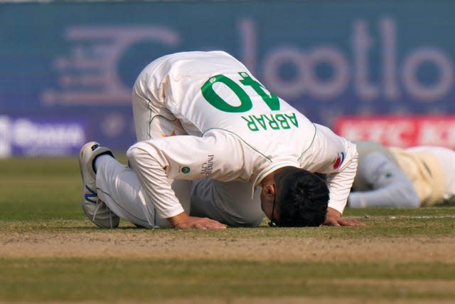 Abrar Ahmed reacts after his fifth wicket