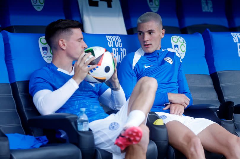 Benjamin Verbic of Slovenia and Benjamin Sesko of Slovenia during the  International Friendly match between Slovenia  v Armenia at the Stadium Stozice on June 4, 2024