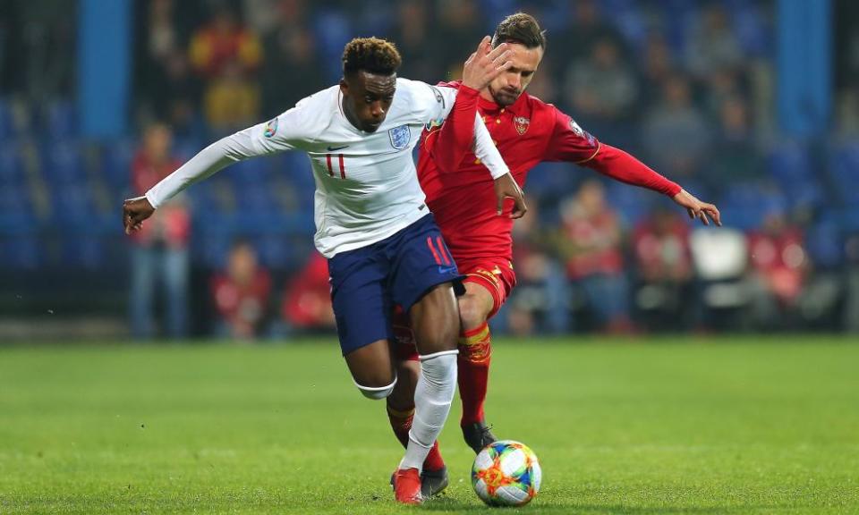 Callum Hudson-Odoi challenged by Montenegro’s Marko Vesovic during England’s 5-1 win.