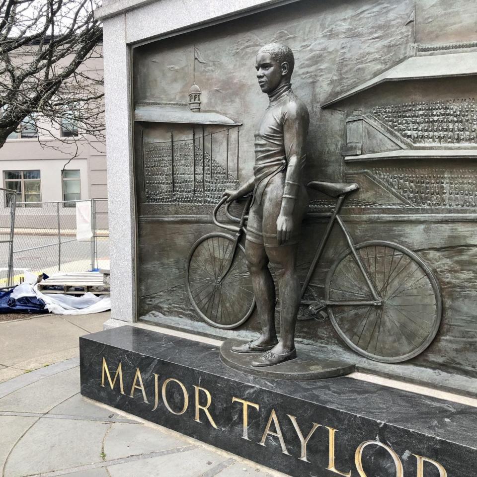 The monument to Major Taylor, 1899 world cycling champion, known as the Worcester Whirlwind, at the Worcester Public Library.
