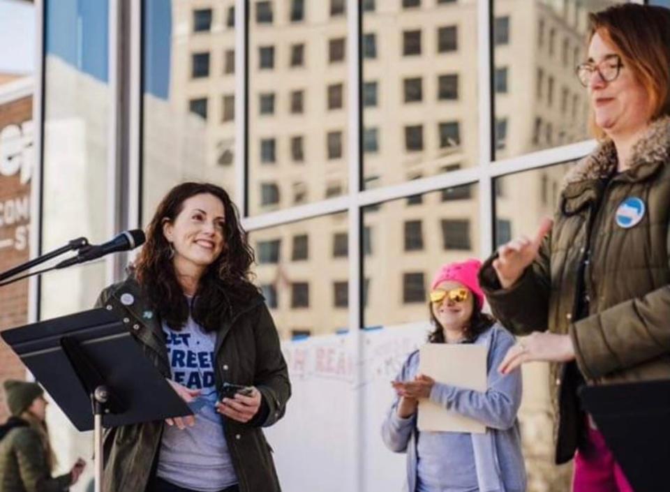 Taylor Lyons (left), one of the founders of Moms for Social Justice in Chattanooga, Tenn., is pictured at a rally against book bans in Chattanooga. Lyons' group has united with the Florida Freedom to Read Project to form a new Students' Right Coalition to advocate for students' freedom to equitable education opportunities.