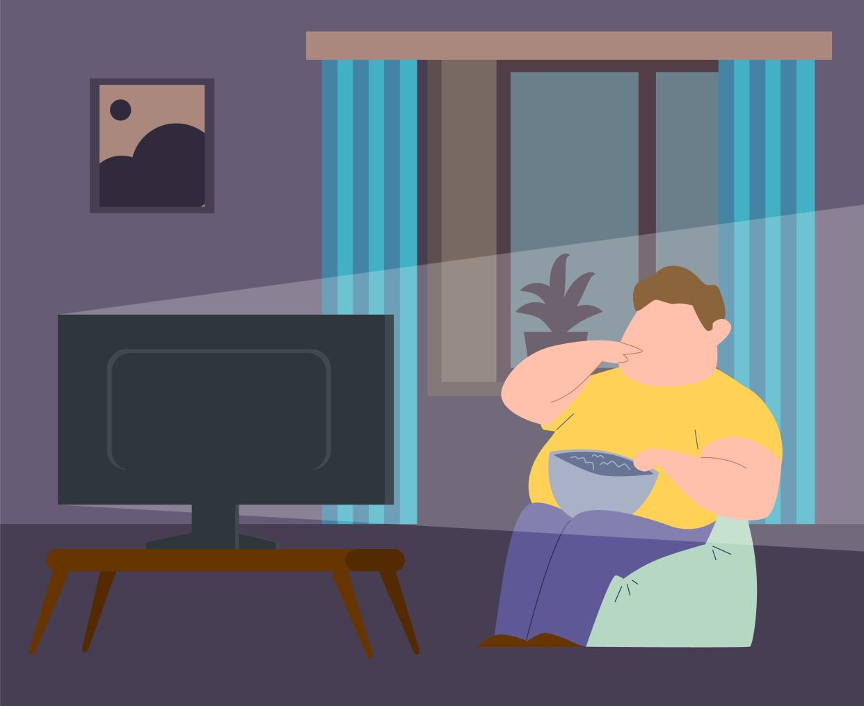 Eating addiction. Fat man sitting in chair, waching tv and eating fast food. Concept of obesity, binge eating disorder and unhealthy lifestyle. Flat cartoon vector illustration