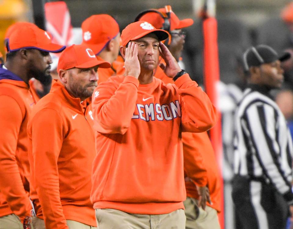 Clemson head coach Dabo Swinney reacts in the closing minute of the fourth quarter against Pittsburgh.