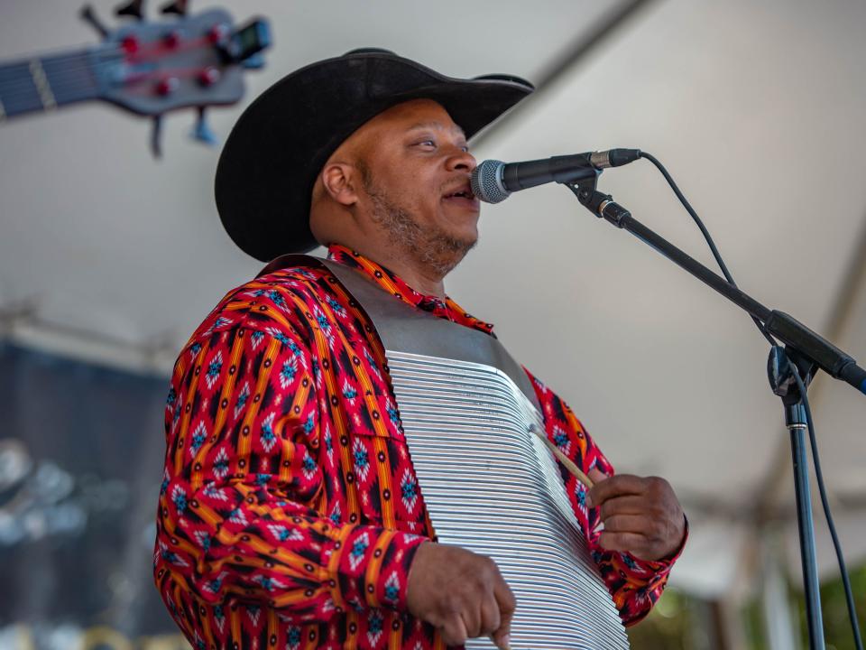 Geno Delafose & French Rockin' Boogie perform as Festival Acadien et Creoles takes over Girard Park in Lafayette and filled it with music, food and other activities.  Saturday, March 19, 2022.