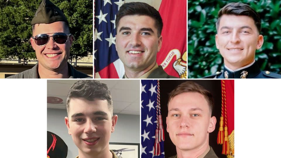 Top row, from left: Capt. Benjamin Moulton, Capt. Jack Casey and Capt. Miguel Nava. Bottom row, from left: Lance Cpl. Donovan Davis and Sgt. Alec Langen. - US Marine Corps 3rd Aircraft Wing