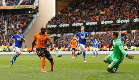 Soccer Football - Championship - Wolverhampton Wanderers vs Birmingham City - Molineux Stadium, Wolverhampton, Britain - April 15, 2018 Wolverhampton Wanderers' Benik Afobe scores their second goal Action Images via Reuters/Andrew Boyers