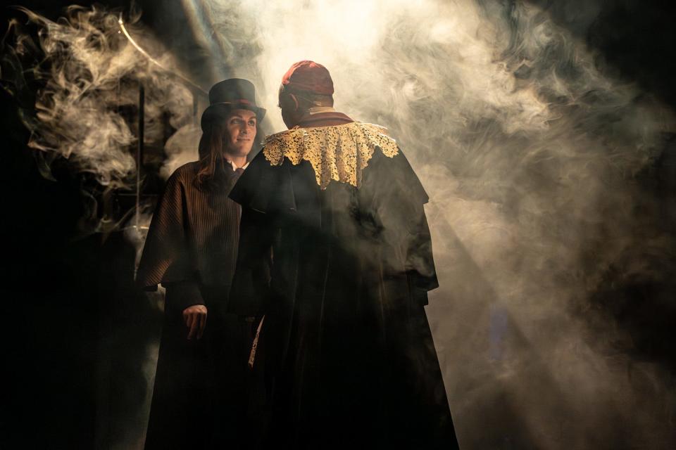 Jarrod Alexander as Jekyll/Hyde confronts Alex Britton as the Bishop of Basingstoke in a scene from "Jekyll and Hyde" at the Croswell Opera House.
