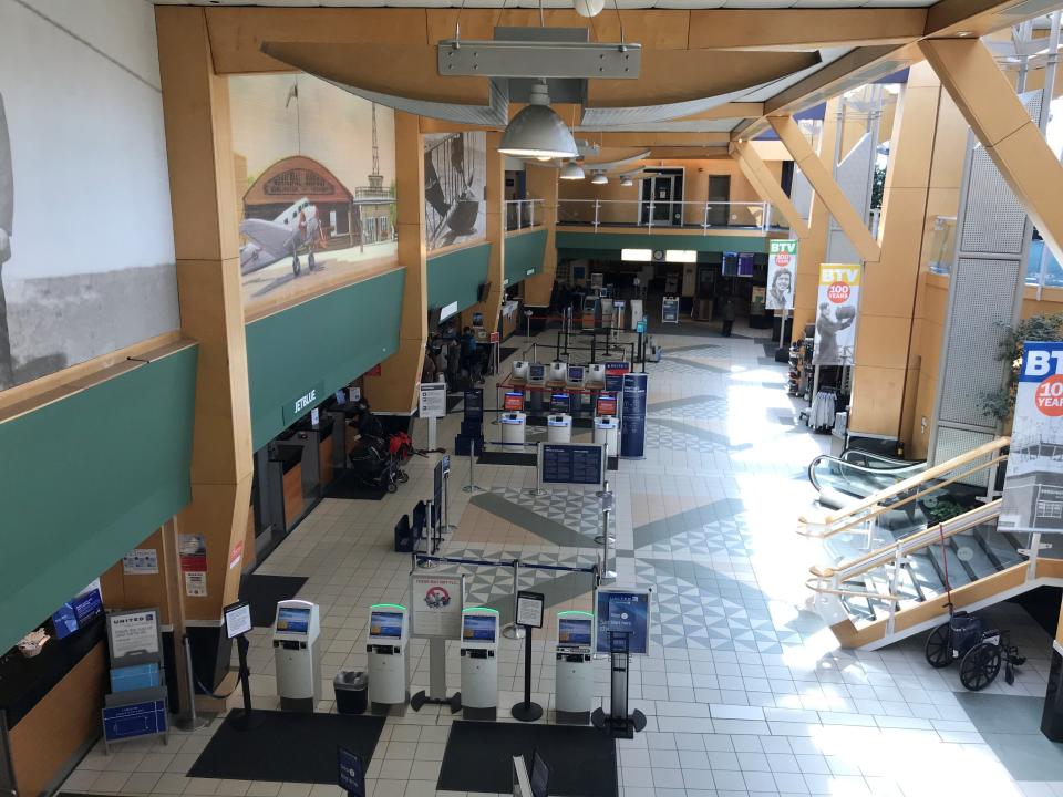 An aerial view of the nearly empty terminal at Burlington International Airport on Wednesday, March 18, 2020.