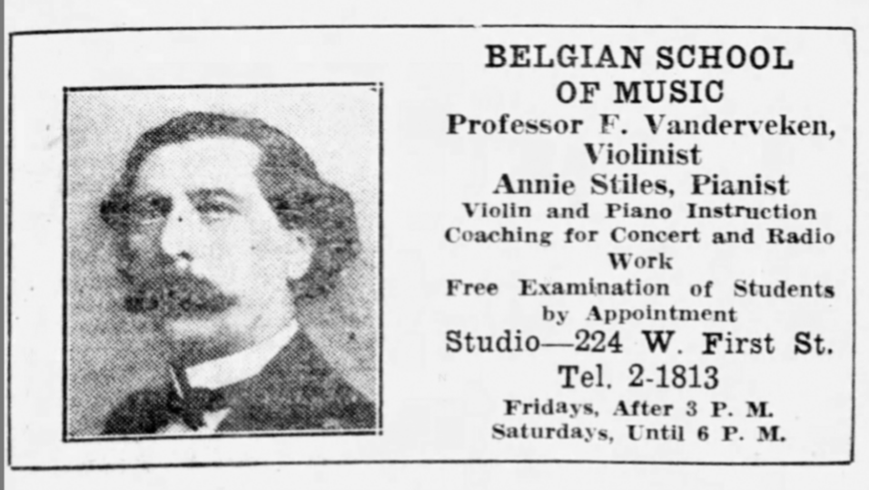 An advertisement for the Belgian School of Music at 224 W. First St. in the Elmira Star-Gazette April 12, 1934.