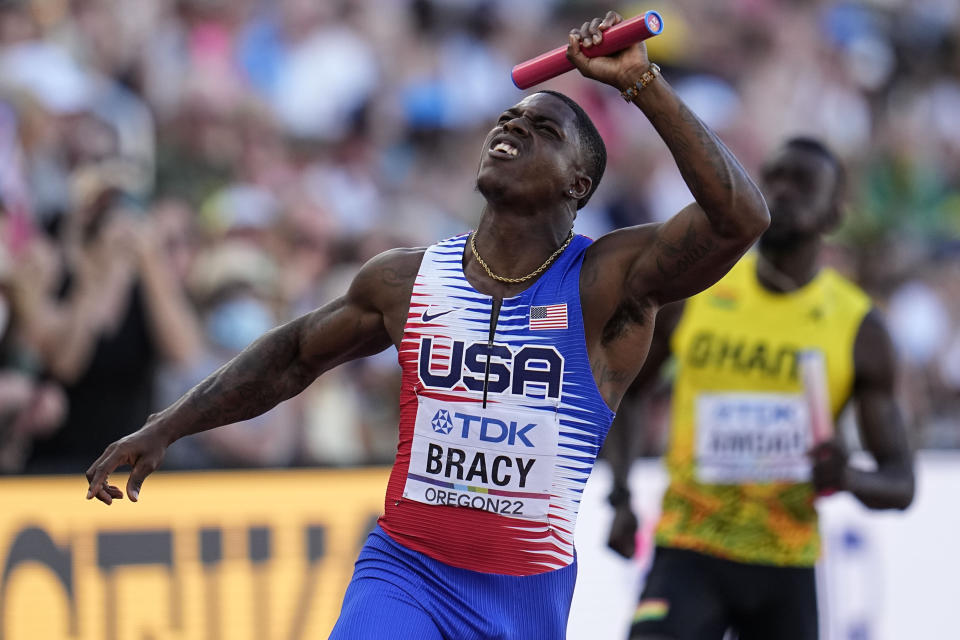 Marvin Bracy, of the United States, wins a heat during the men's 4x100-meter relay at the World Athletics Championships on Friday, July 22, 2022, in Eugene, Ore. (AP Photo/Ashley Landis)