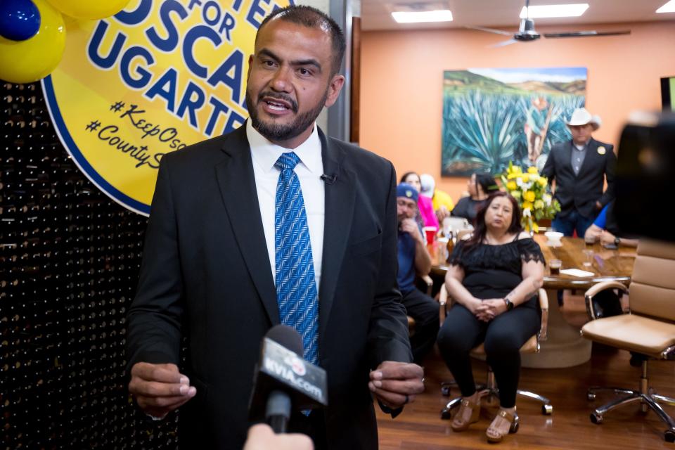 Oscar Ugarte, candidate for El Paso County sheriff, speaks to the news media at his March 5 election night watch party at Stiller and Godinez law office in Kern Place in West El Paso.