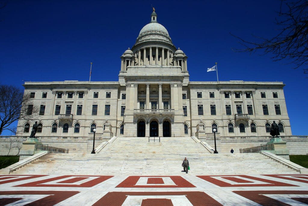 PROVIDENCE, RI – APRIL 25: The Rhode Island State House in Providence, RI is pictured on April 25, 2019. (Photo by Lane Turner/The Boston Globe via Getty Images)