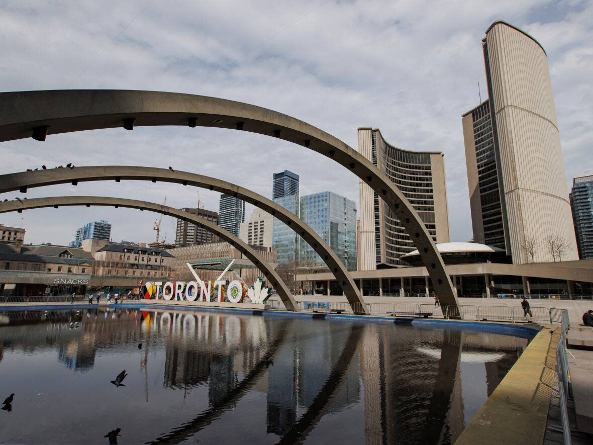 Toronto City Hall is pictured on April 3, 2023 — the first day of the nomination period for the city’s June 26 mayoral byelection to replace John Tory, who stepped down after revealing an extramarital relationship with a staffer. (Evan Mitsui/CBC - image credit)