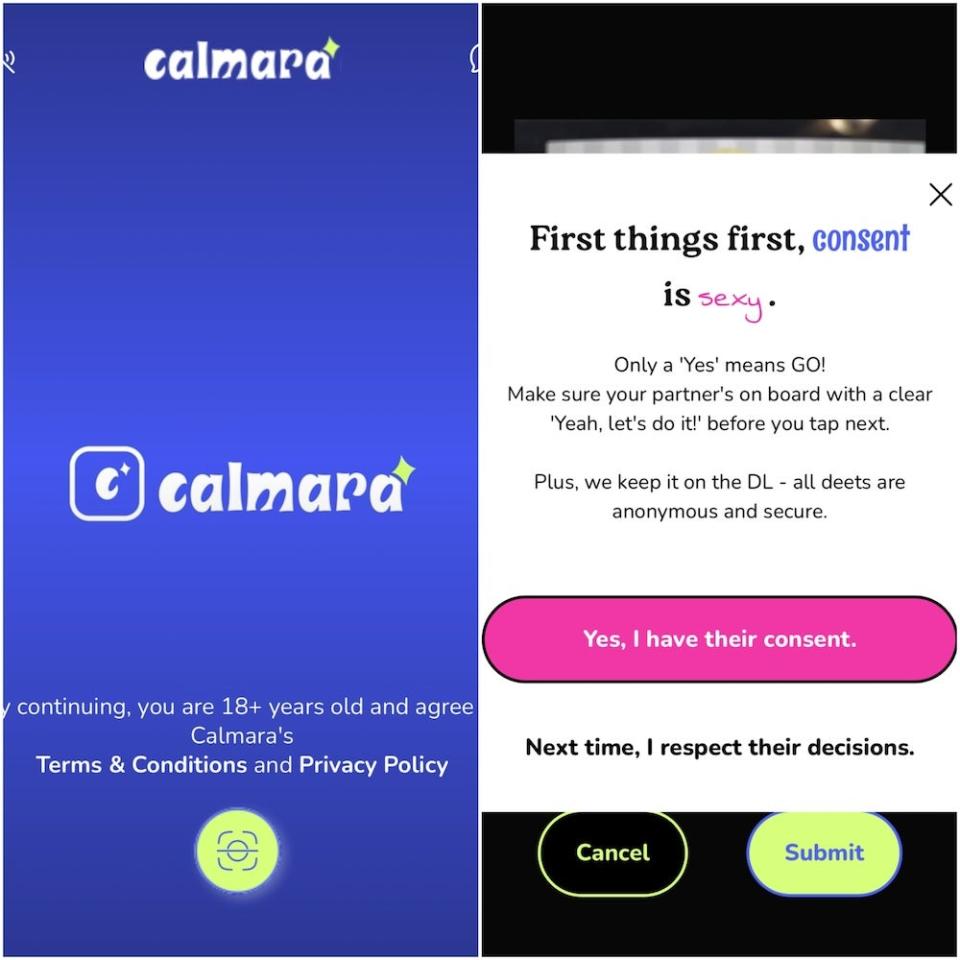 Side by side of age verification and consent pages for Calmara