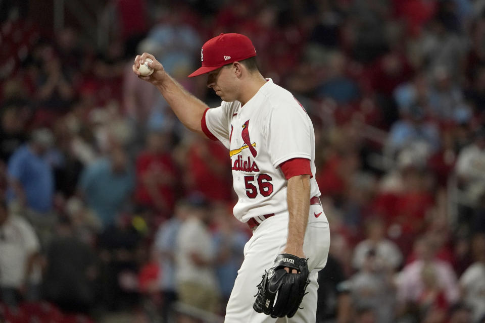 St. Louis Cardinals relief pitcher Ryan Helsley pauses on the mound after giving up a two-run home run to Miami Marlins' Avisail Garcia during the ninth inning of a baseball game Wednesday, June 29, 2022, in St. Louis. (AP Photo/Jeff Roberson)