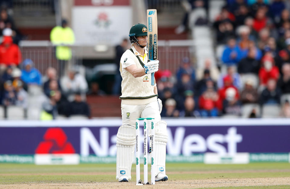 Australia's Steve Smith celebrates his half century during day one of the fourth Ashes Test at Emirates Old Trafford, Manchester. (Photo by Martin Rickett/PA Images via Getty Images)