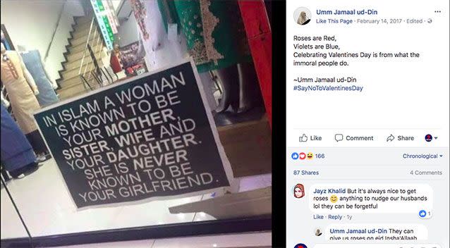 Sydney Muslim teacher Umm Jamaal ud-Din describes 'celebrating Valentine's Day as immoral'. Source: Ustadha Umm Jamaal ud-Din/Facebook