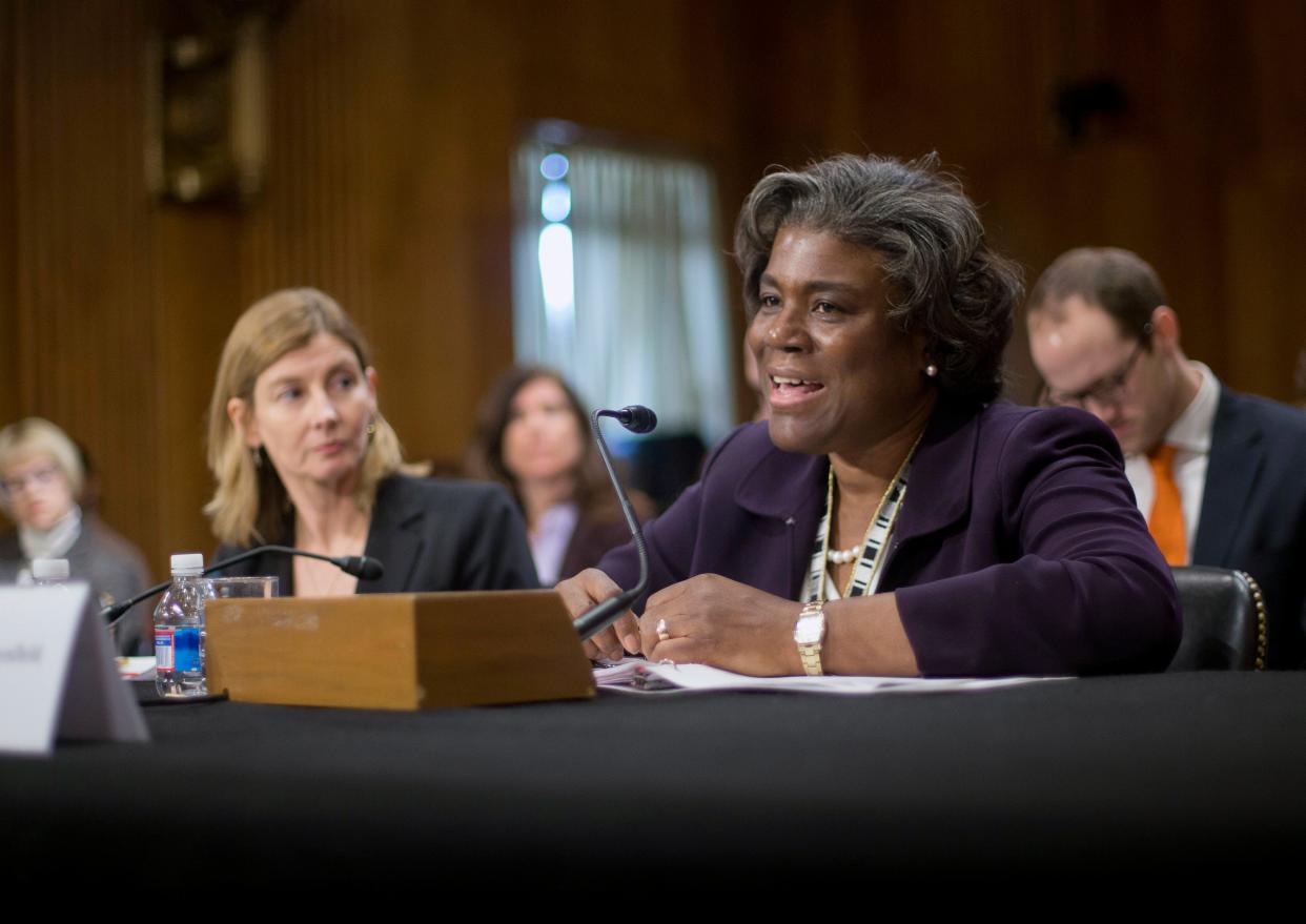 Linda Thomas-Greenfield, right, testifies during a Senate Foreign Relations Committee hearing on Capitol Hill (AP)