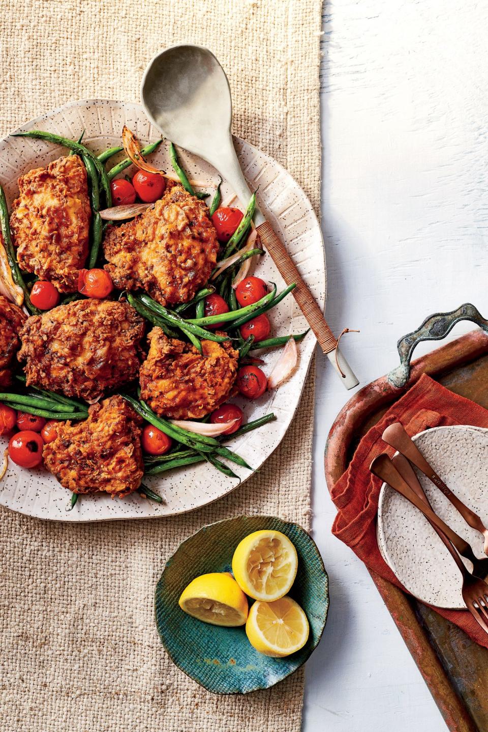 Lighter Pan-Fried Chicken with Green Beans and Tomatoes