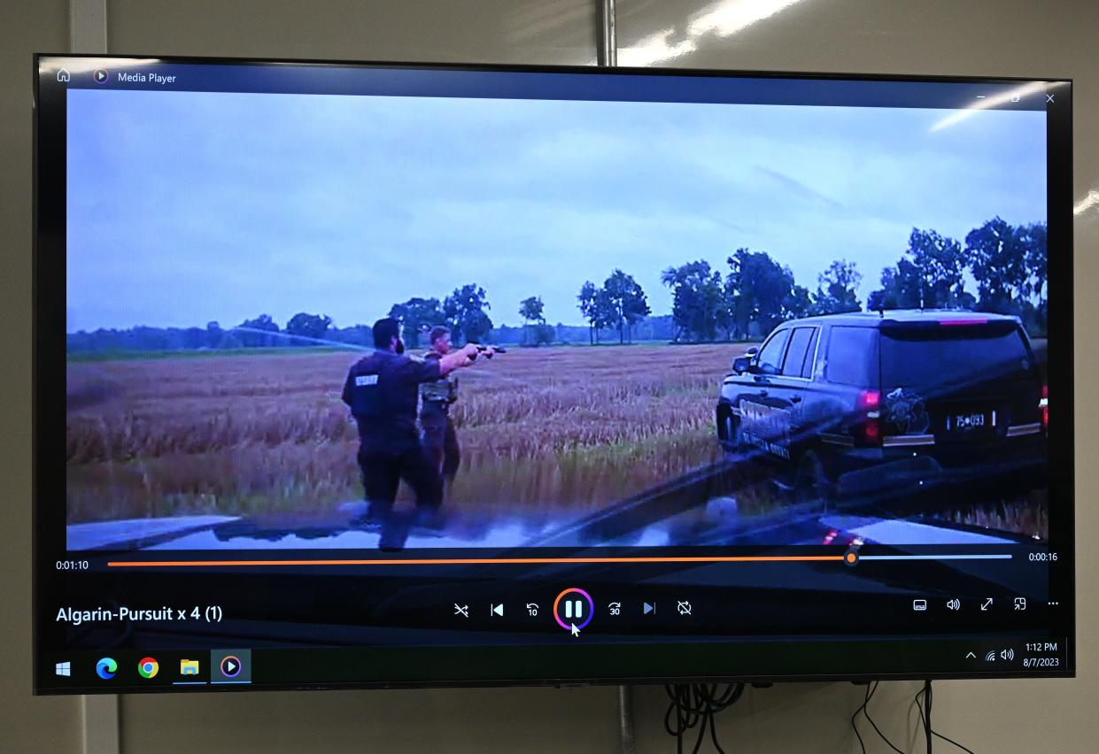 St. Joseph County Sheriff car camera footage as deputies ordered David Algrin from his car August 6, 2023, after forcing him off the road in a high-speed chase on M-86