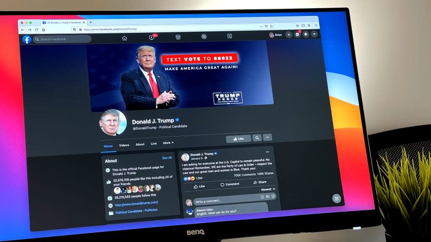 The Facebook page of Donald Trump, the former president, is seen on a computer display on Apr. 22, 2021.