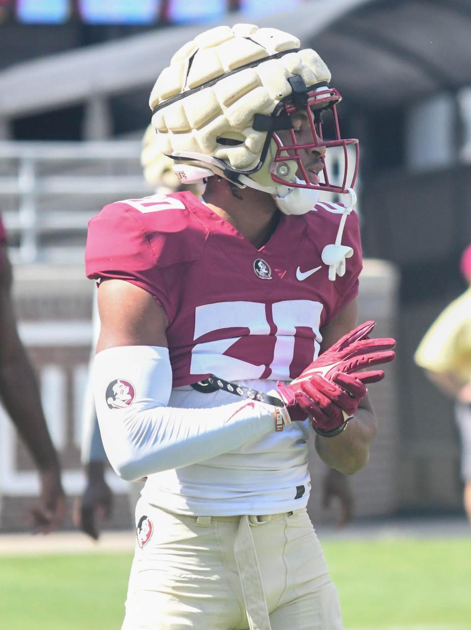Florida State football players take part in drills during an FSU spring football practice of the 2023 season on Thursday, April 6, 2023 in Doak Campbell Stadium.