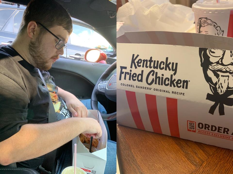 The writer eating fried chicken and KFC packaging
