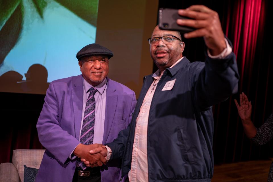 Rev. Dr. Bernard Lafayette Jr., left, take a photo with Lawrence Hill, right, Pastor at Pleasant Hill MBC, during an event at the Nashville Public Library in Nashville, Tenn., Thursday, Feb. 9, 2023.