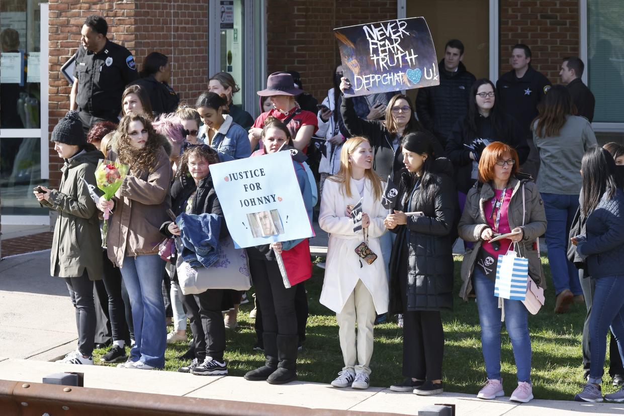 Spectators showing support for Johnny Depp And Amber Heard outside of Fairfax County Circuit Court on April 11, 2022, in Fairfax, Virginia.