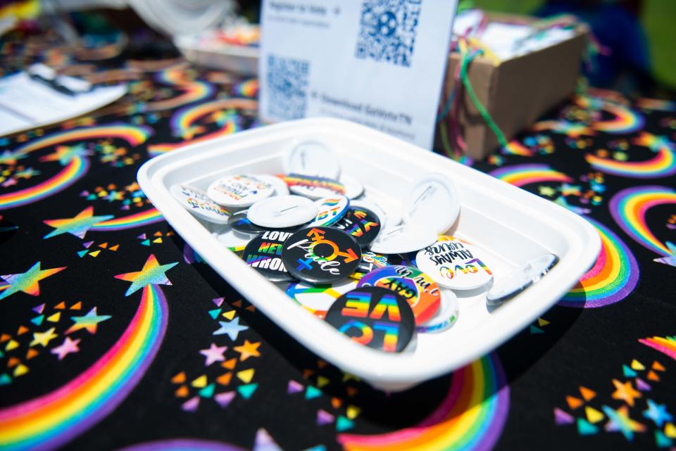 Pride buttons offered at the Madison Area Democratic Women tent during the Community Pride Month Celebration at Pugh Bourne Park on Sunday, June 24, 2023. 