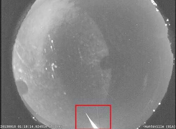 A NASA all-sky camera at the agency’s Marshall Space Flight Center in Huntsville, Ala., captured this view of a bright fireball at 8:18 PM Central Time on Sept. 9, 2013.