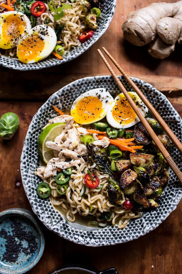 30-Minute Chicken Ramen with Miso Roasted Brussels Sprouts