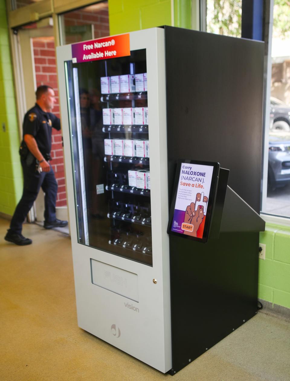 To help prevent fatal overdoses, Louisville Metro Department of Corrections has a vending machine that offers free Narcan (naloxone) in the jail's exit lobby. Sept. 19, 2023