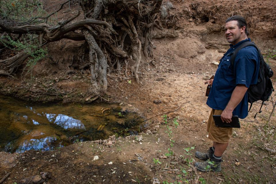Chris Bugbee from the Center for Biological Diversity stops to document evidence of cattle grazing near a stream in Agua Fria National Monument in Black Canyon City on Aug. 11, 2022. Cattle bones and manure were found inside the stream, harming already endangered species such as the Gila chub.