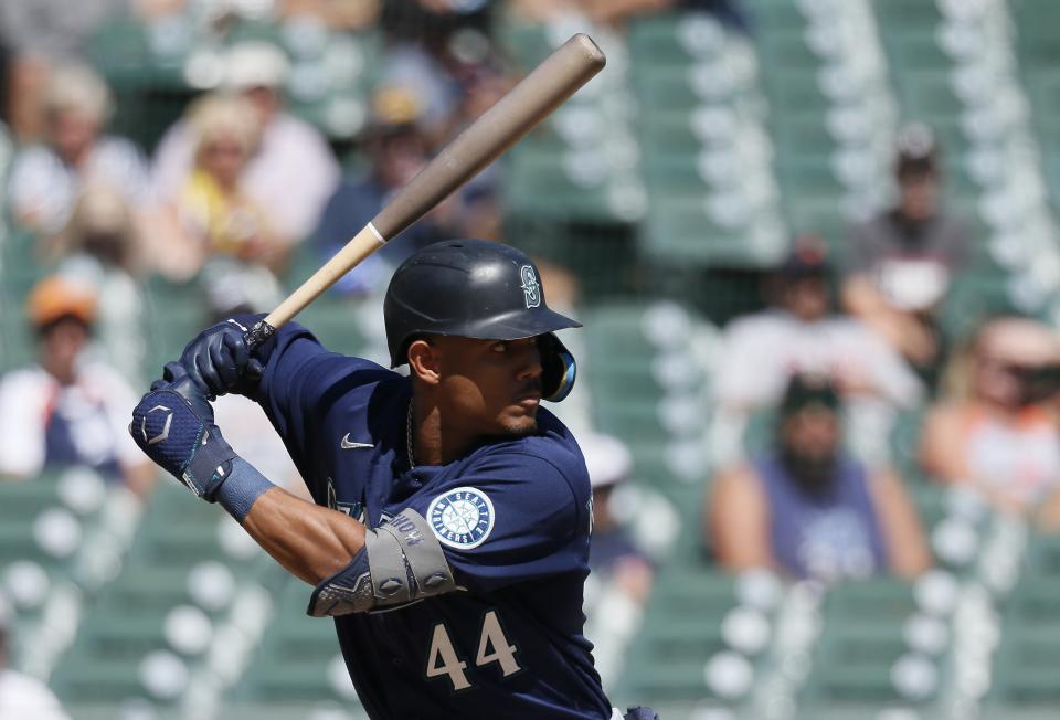 Julio Rodriguez #44 of the Seattle Mariners bats against the Detroit Tigers in an MLB game at Comerica Park on September 1, 2022, in Detroit, Michigan. 